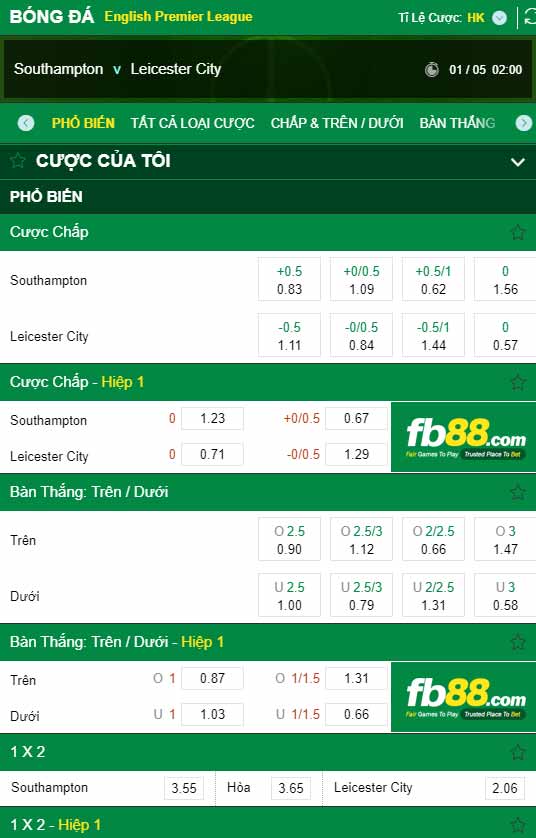 fb88-tỷ lệ kèo tài xỉu Southampton vs Leicester